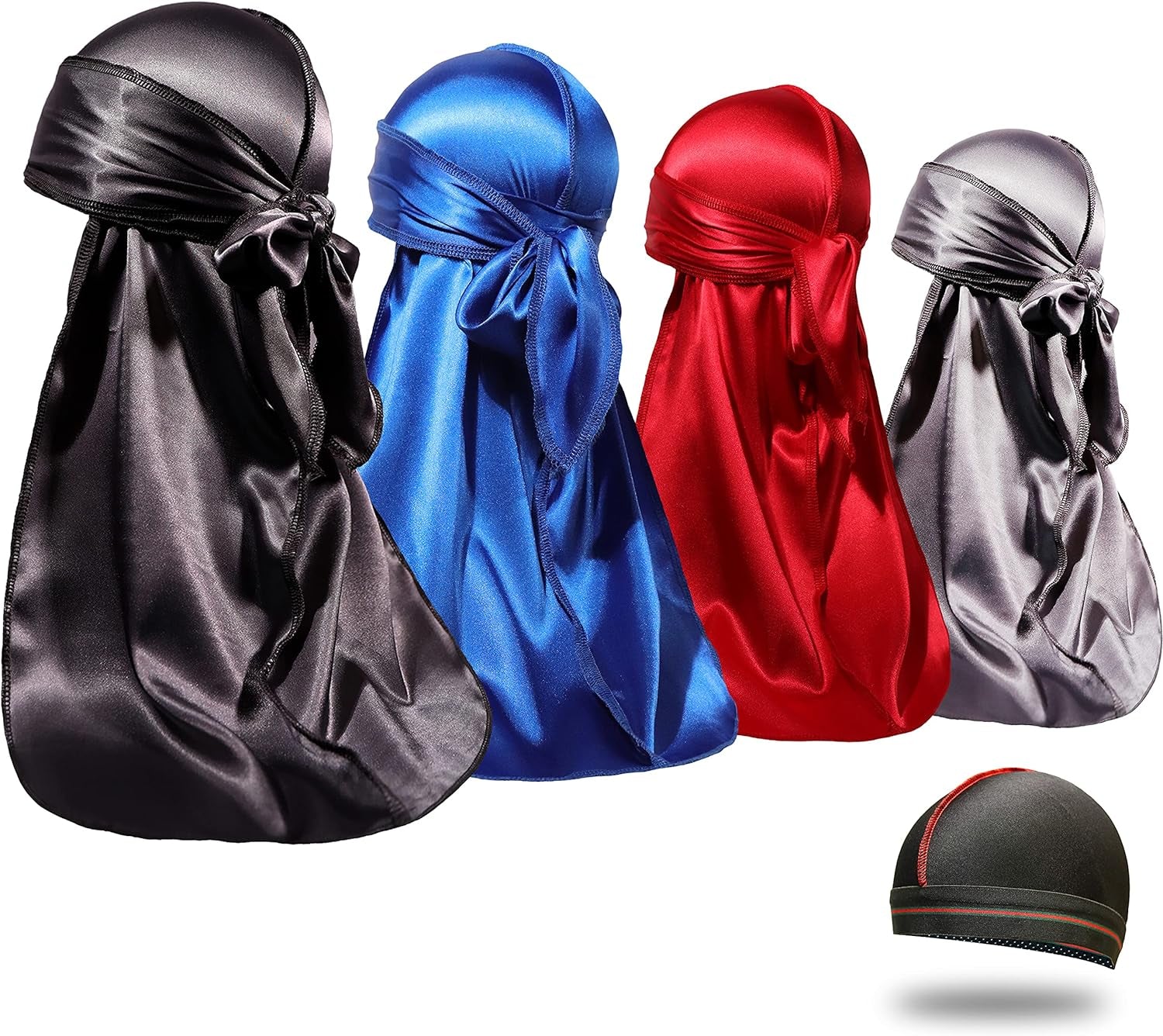 4PCS Silky Durags for Men Women 360 Waves with 1 Wave Cap, Silky Satin Durag Extra Long Tails - PHamily Hair Care 