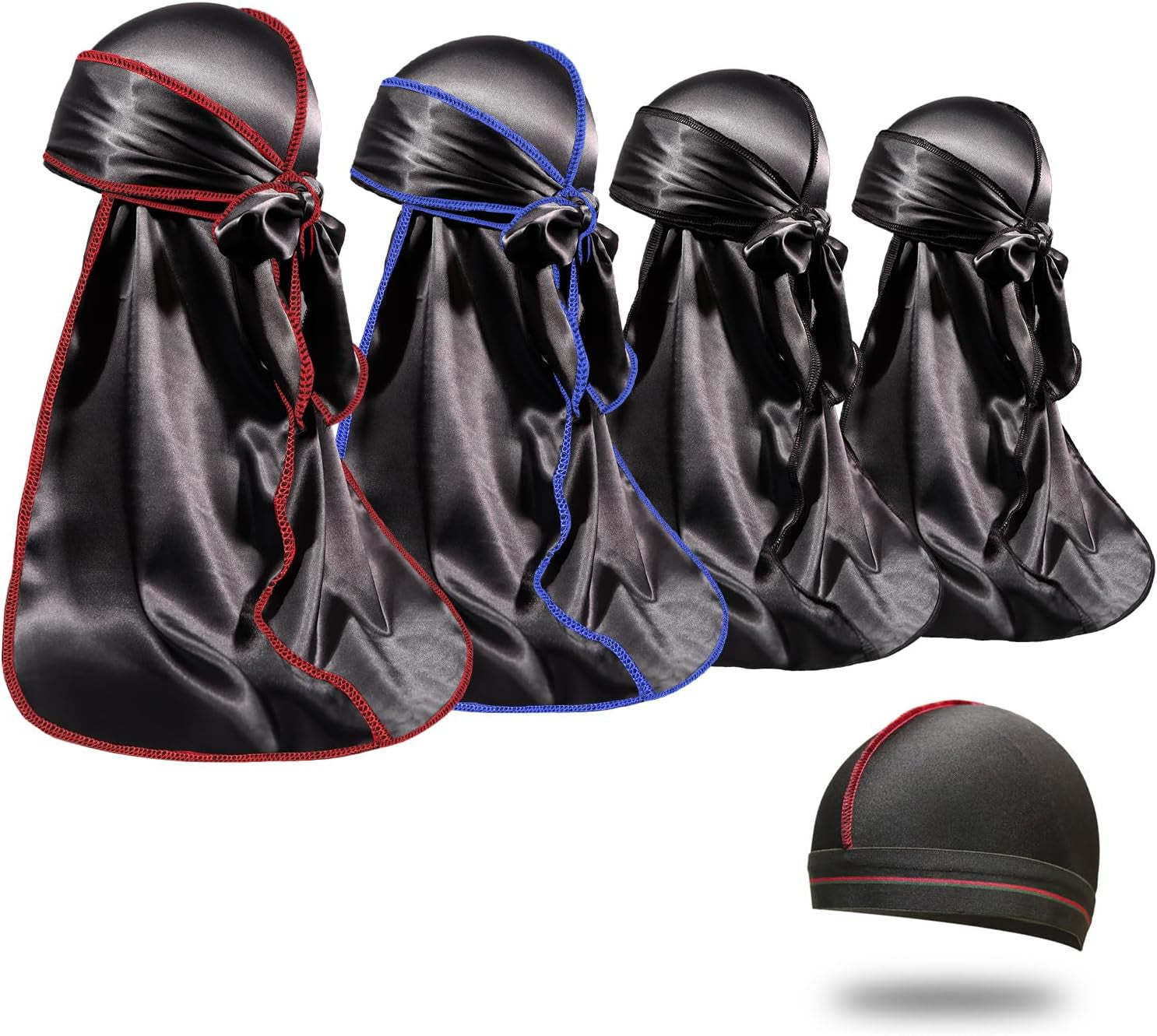 4PCS Silky Durags for Men Women 360 Waves with 1 Wave Cap, Silky Satin Durag Extra Long Tails - PHamily Hair Care 