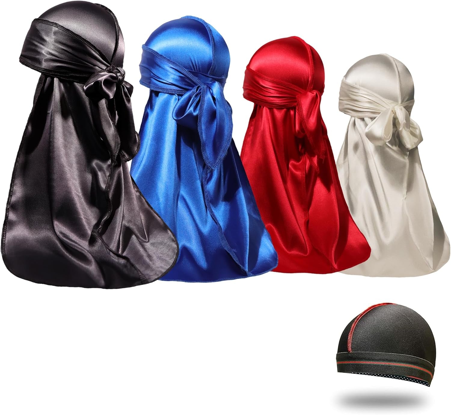 4PCS Silky Durags for Men Women 360 Waves with 1 Wave Cap, Silky Satin Durag Extra Long Tails - PHamily Hair Care 