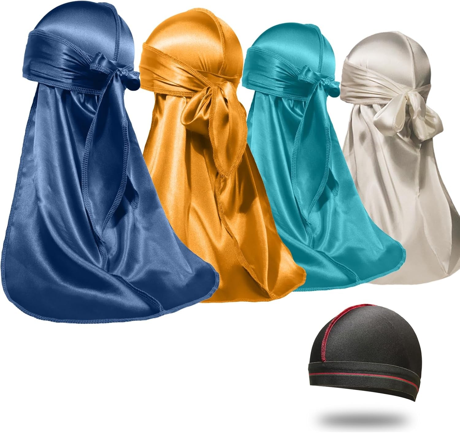 4PCS Silky Durags for Men Women 360 Waves with 1 Wave Cap, Silky Satin Durag Extra Long Tails - PHamily Hair Care 