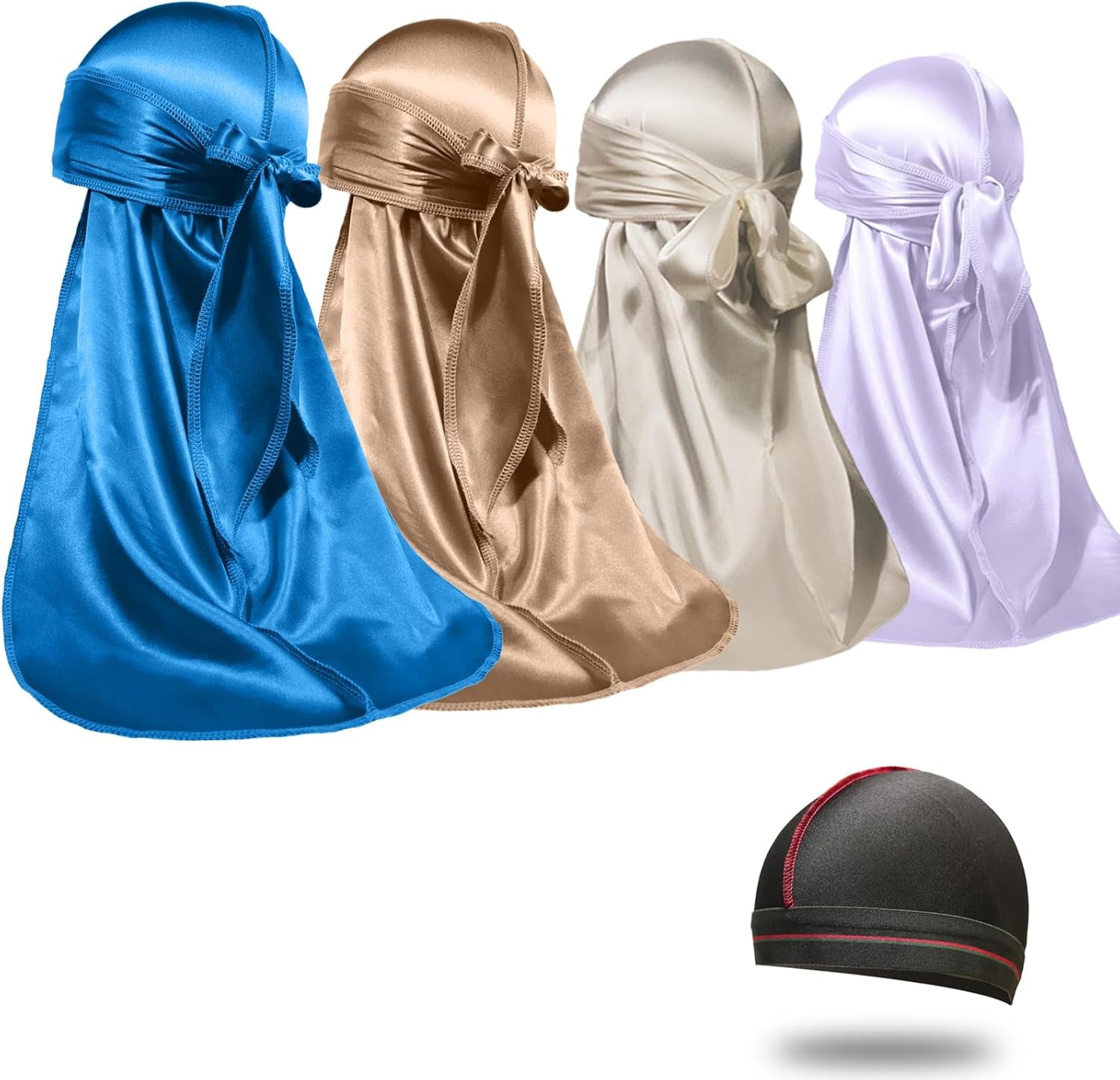 4PCS Silky Durags for Men Women 360 Waves with 1 Wave Cap, Silky Satin Durag Extra Long Tails - PHamily Hair Care 